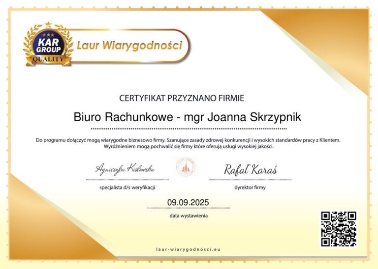 Laur Wiarygodnosci Biuro Rachunkowe mgr Joanna Skrzypnik 1 768x548